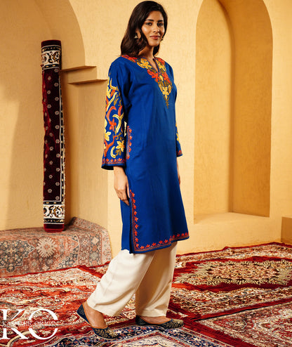 Royal Blue Arm Design Aari Embroidered Woolen Pheran