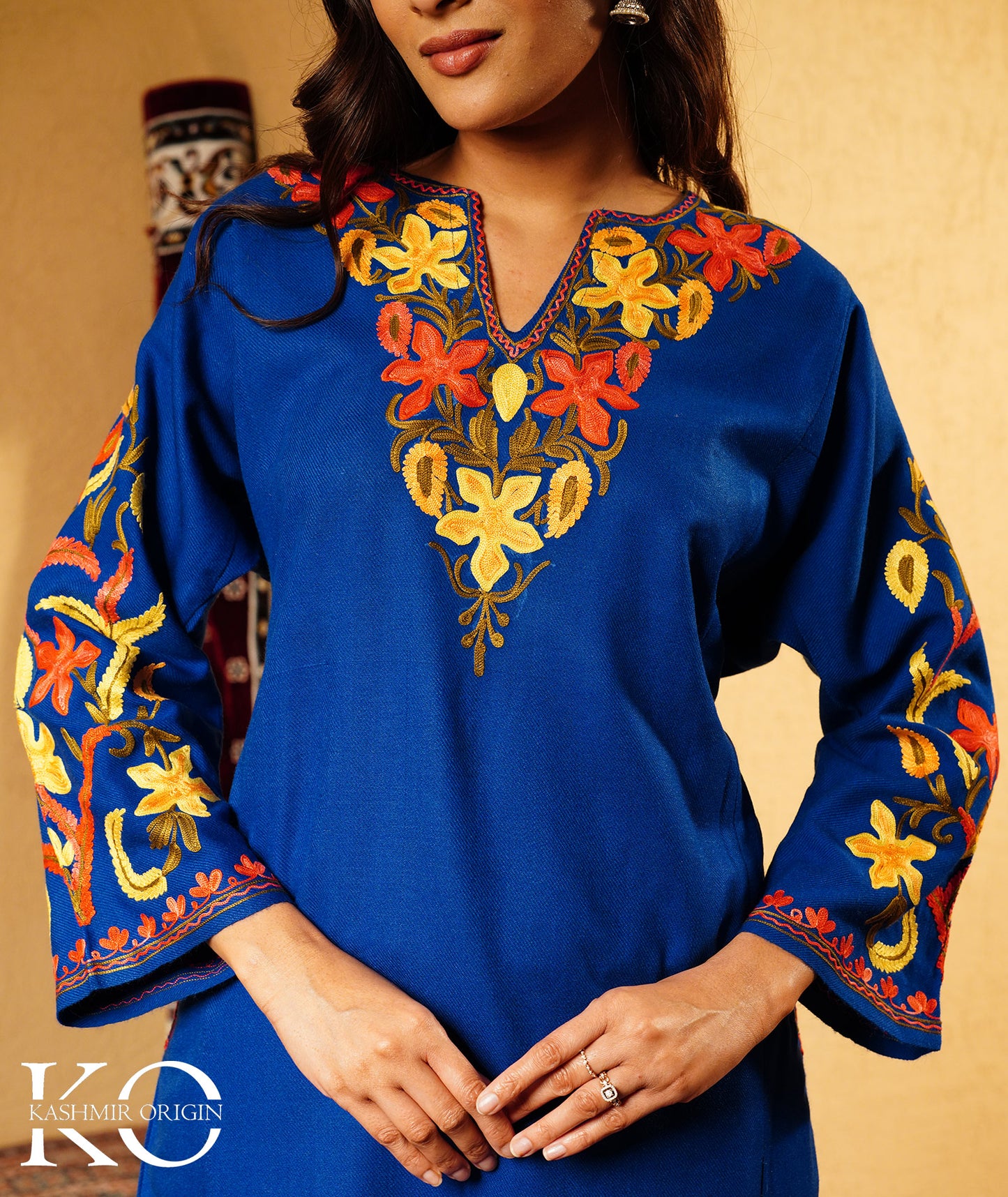 Royal Blue Arm Design Aari Embroidered Woolen Pheran