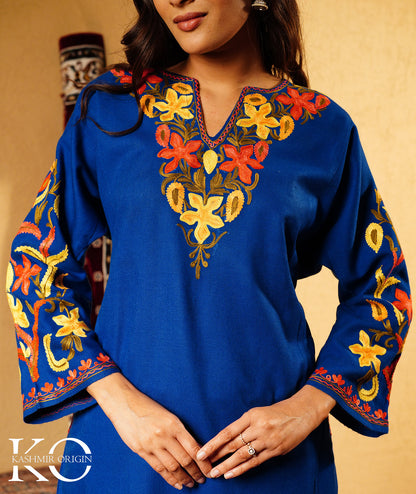 Royal Blue Arm Design Aari Embroidered Woolen Pheran