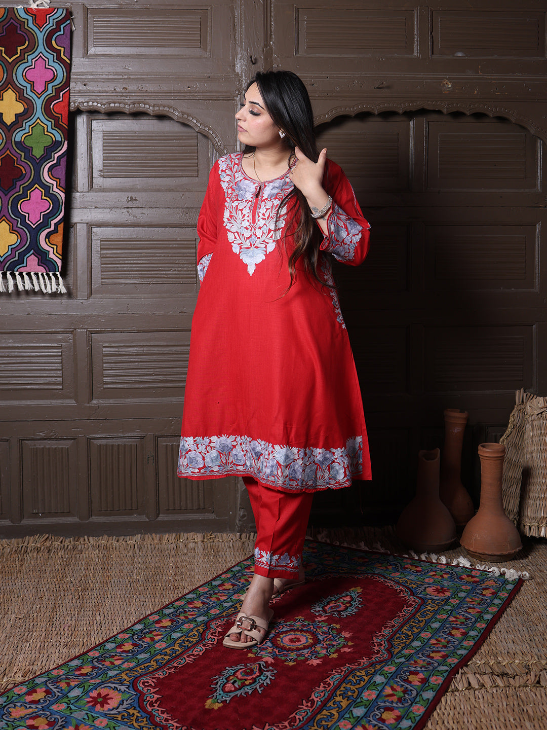 women wear scarlet red coord set summer
