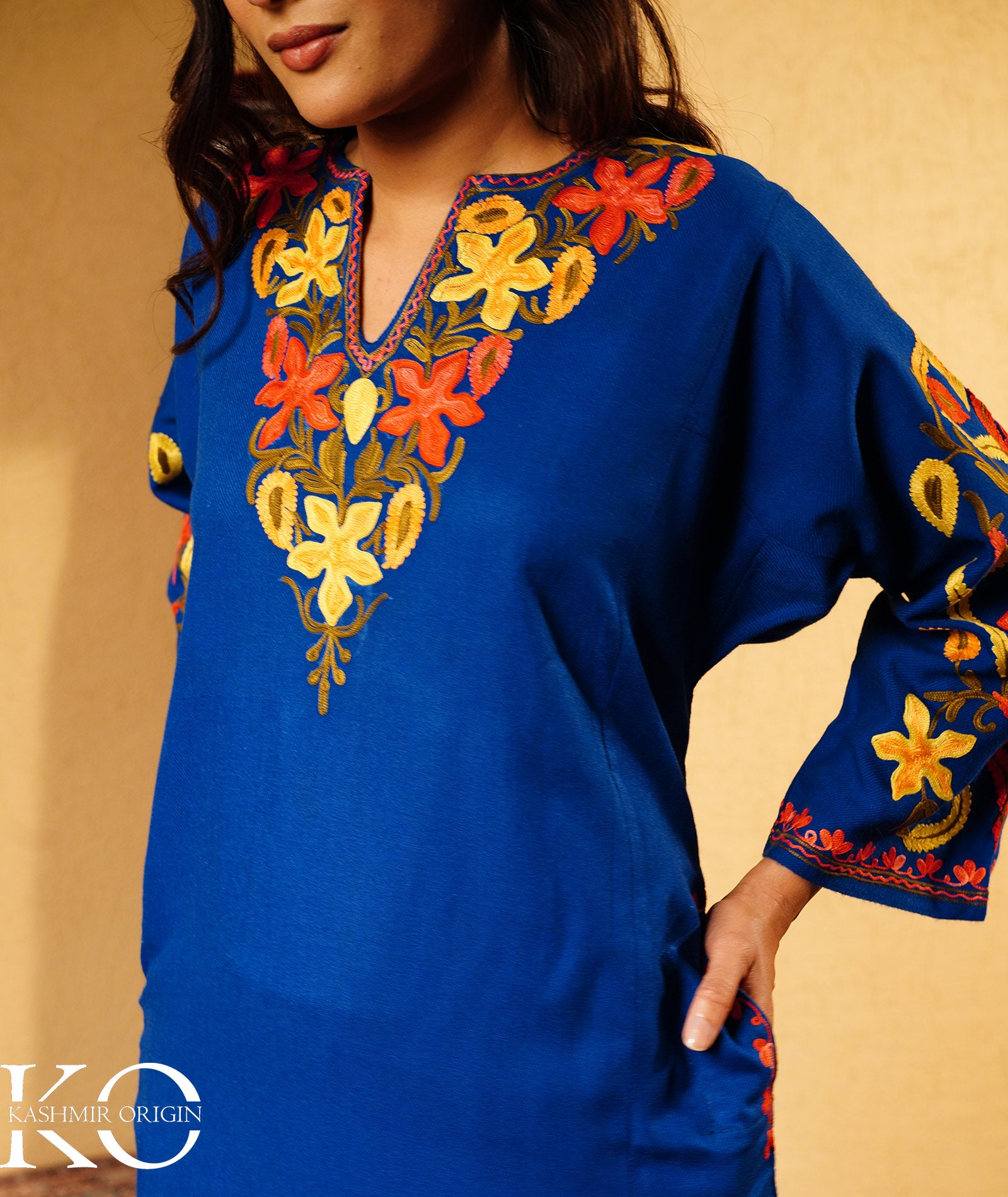 Royal Blue Arm Design Aari Embroidered Woolen Pheran