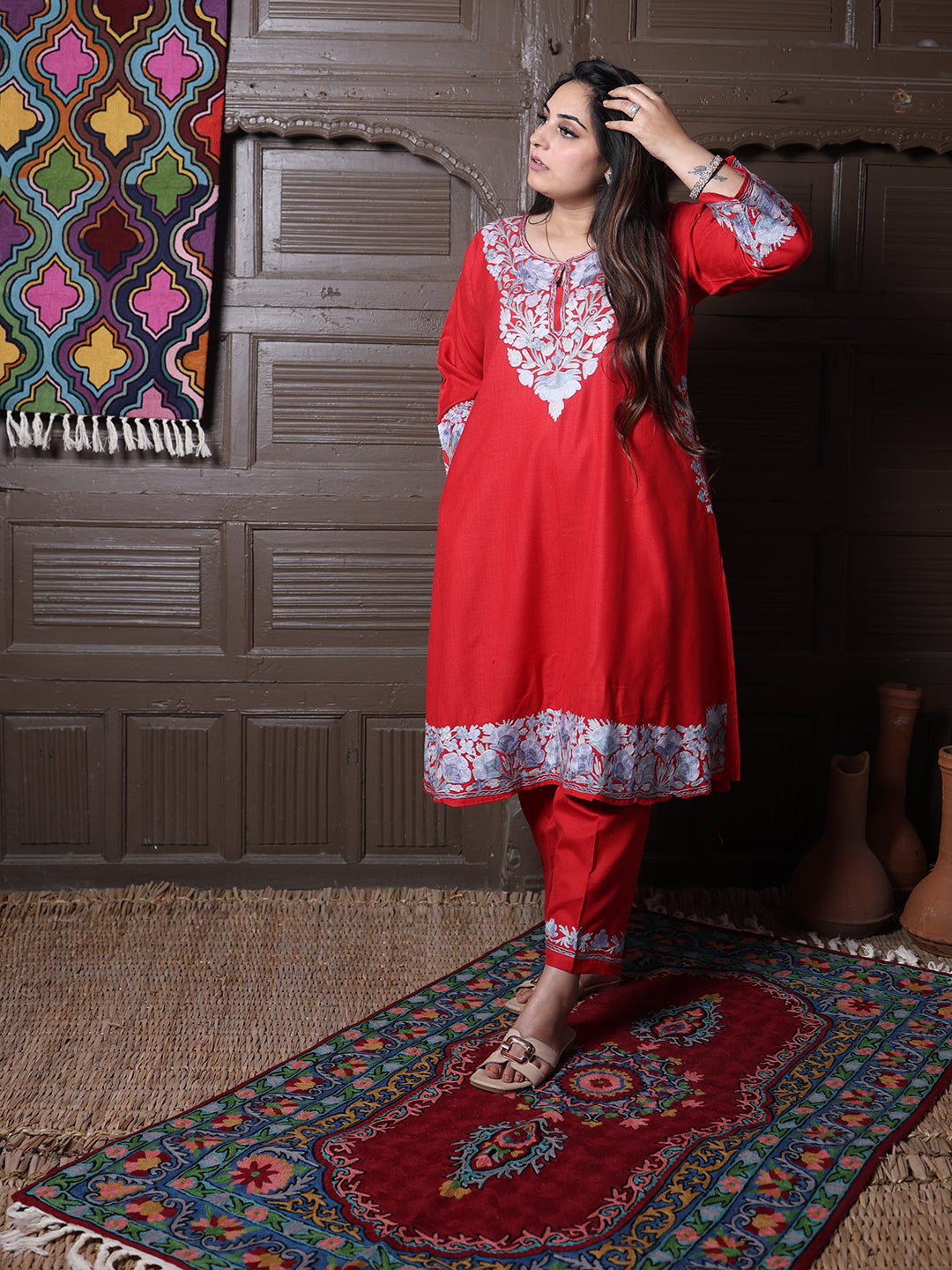 women wear scarlet red coord set summer