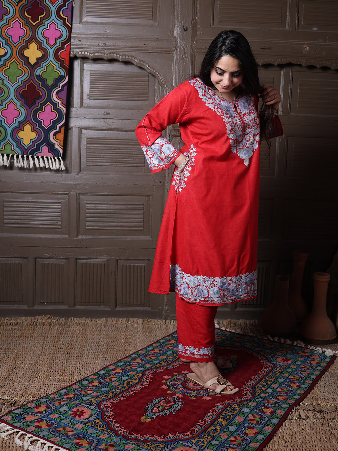 women wear scarlet red coord set summer