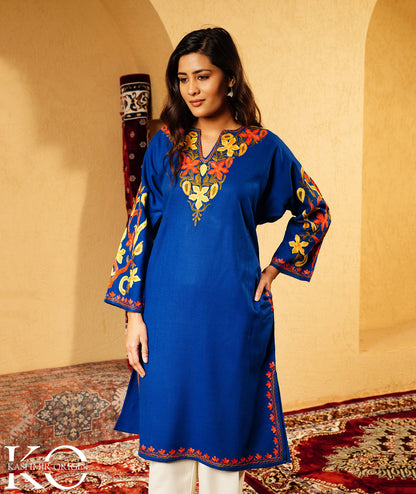 Royal Blue Arm Design Aari Embroidered Woolen Pheran