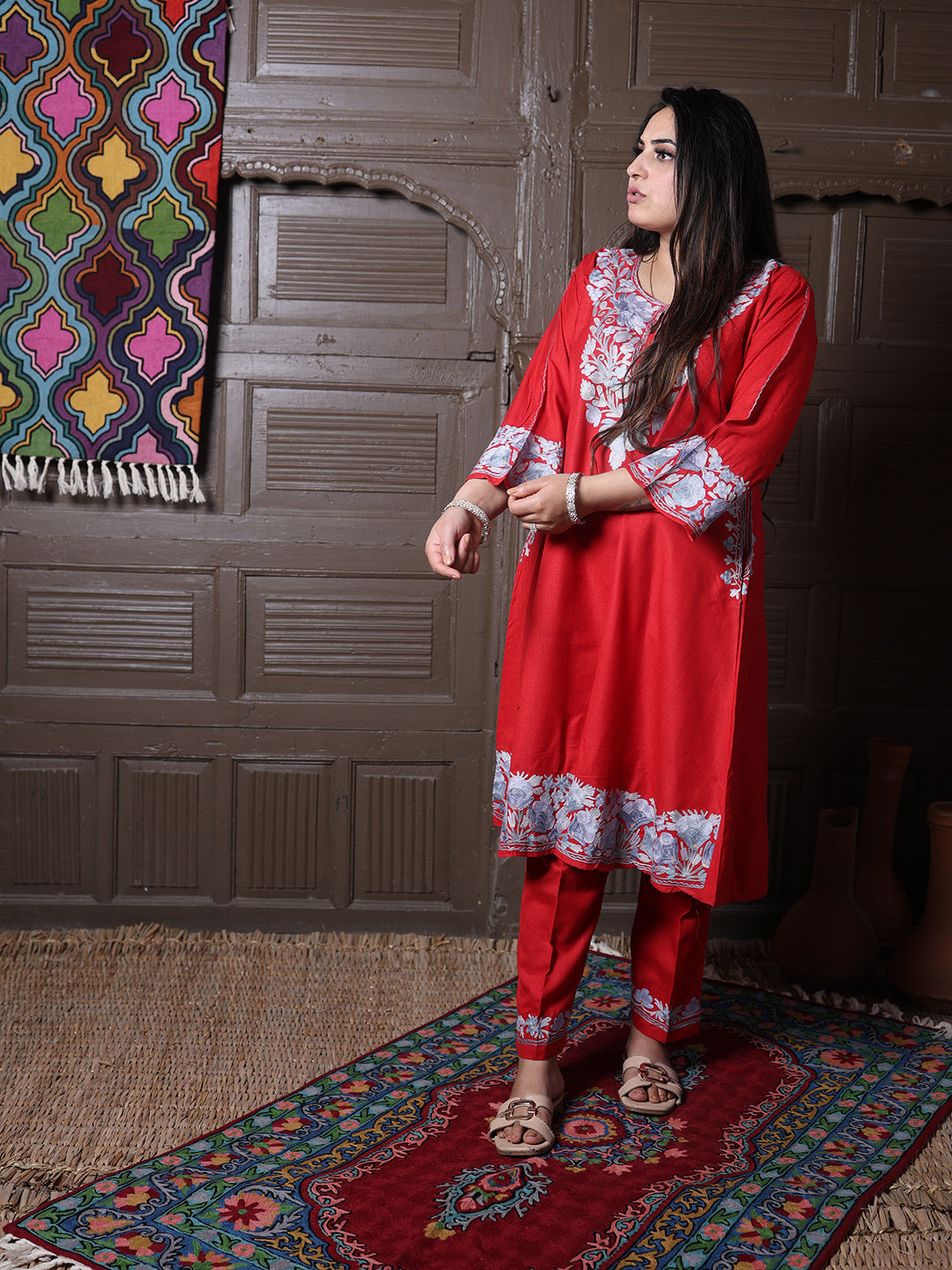 women wear scarlet red coord set summer