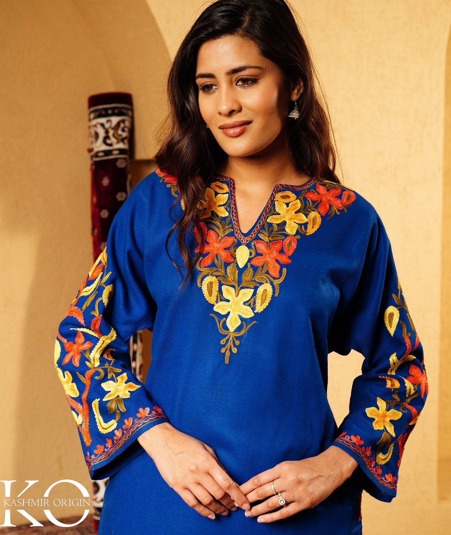 Royal Blue Arm Design Aari Embroidered Woolen Pheran