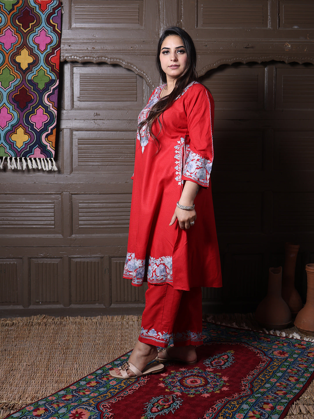 women wear scarlet red coord set summer