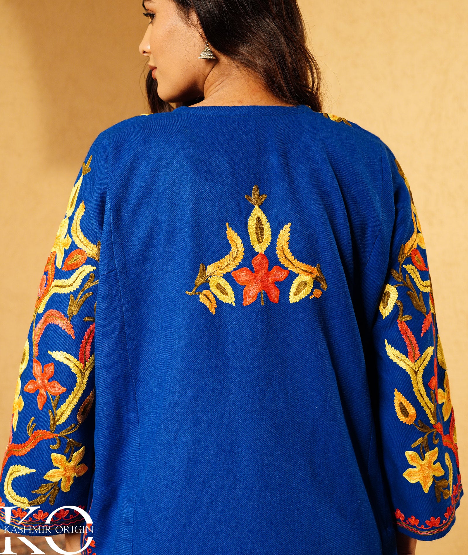 Royal Blue Arm Design Aari Embroidered Woolen Pheran