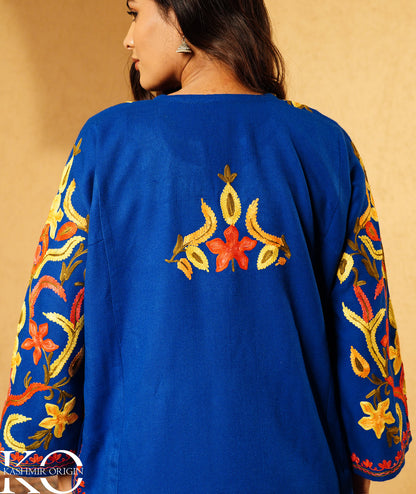 Royal Blue Arm Design Aari Embroidered Woolen Pheran