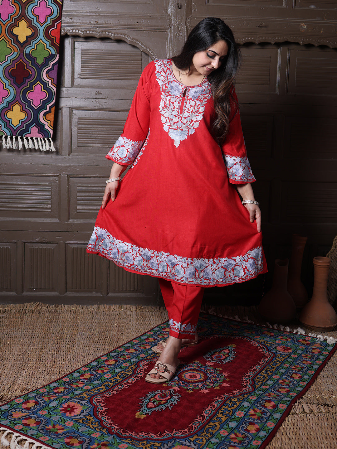 women wear scarlet red coord set summer
