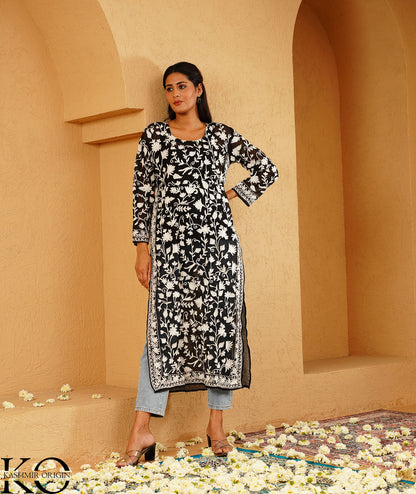 Black Georgette Aari Embroidered Kashmiri Long Dress