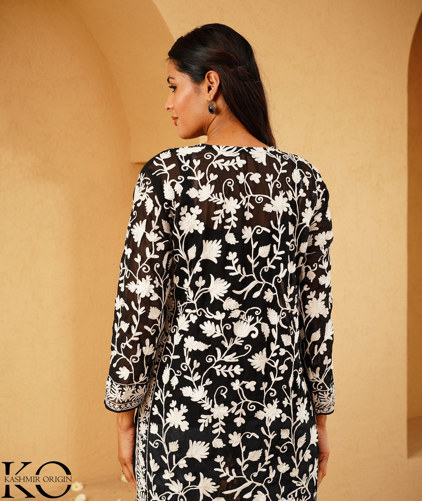 Black Georgette Aari Embroidered Kashmiri Long Dress