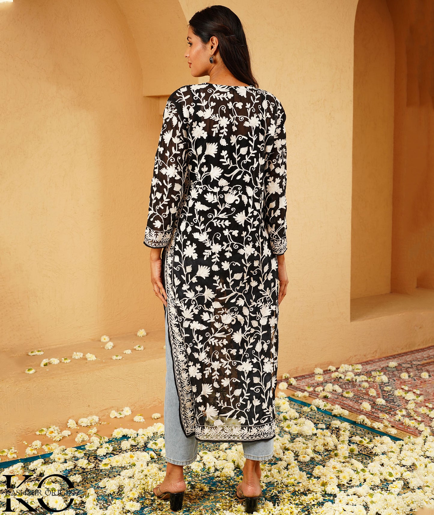 Black Georgette Aari Embroidered Kashmiri Long Dress