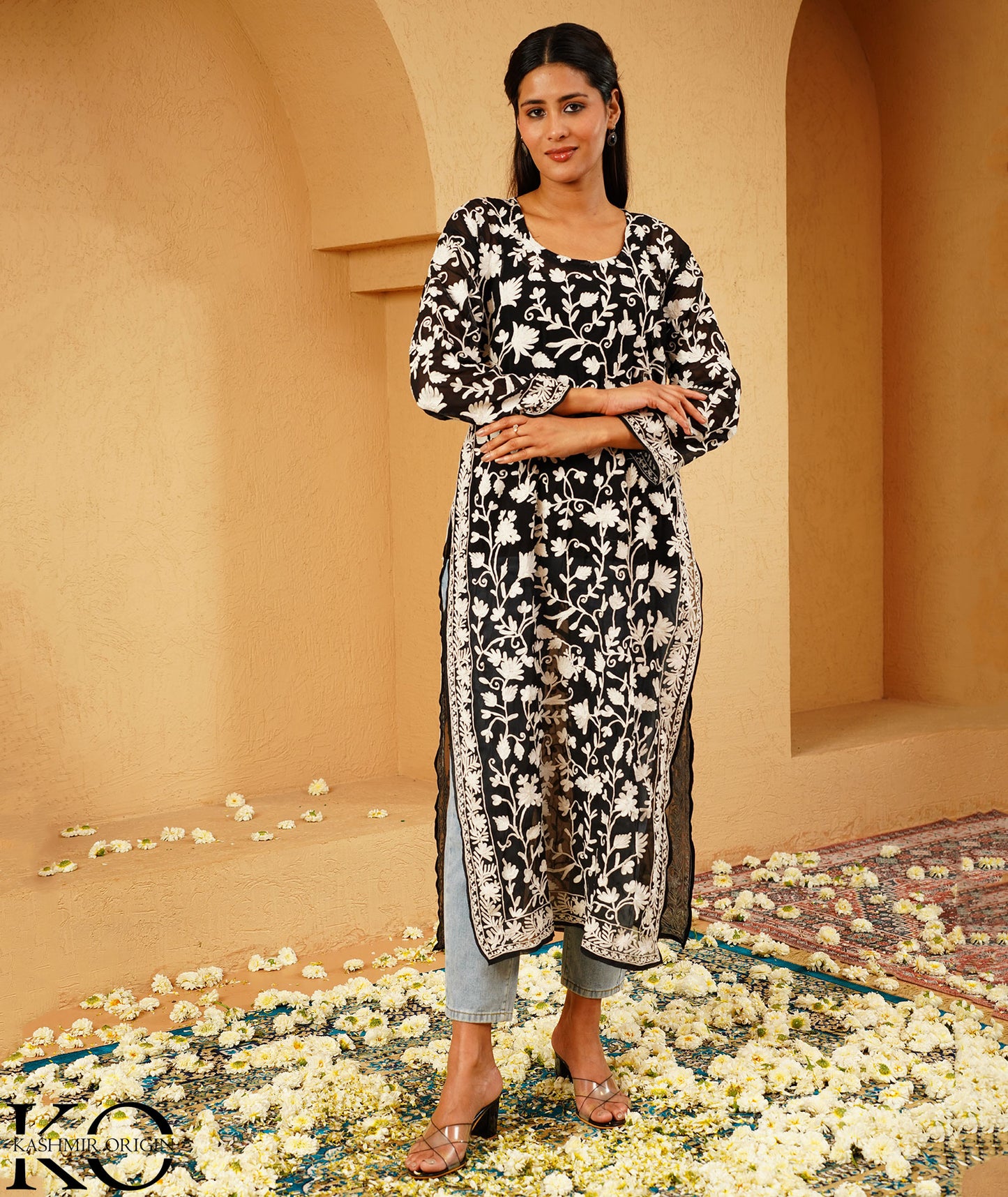 Black Georgette Aari Embroidered Kashmiri Long Dress