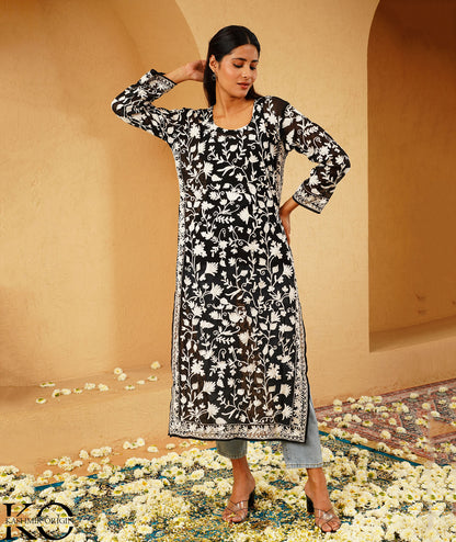 Black Georgette Aari Embroidered Kashmiri Long Dress
