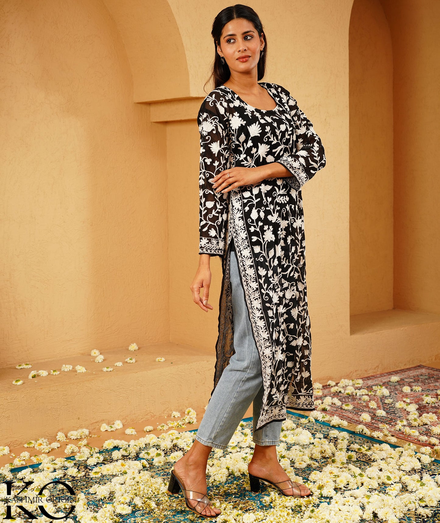 Black Georgette Aari Embroidered Kashmiri Long Dress