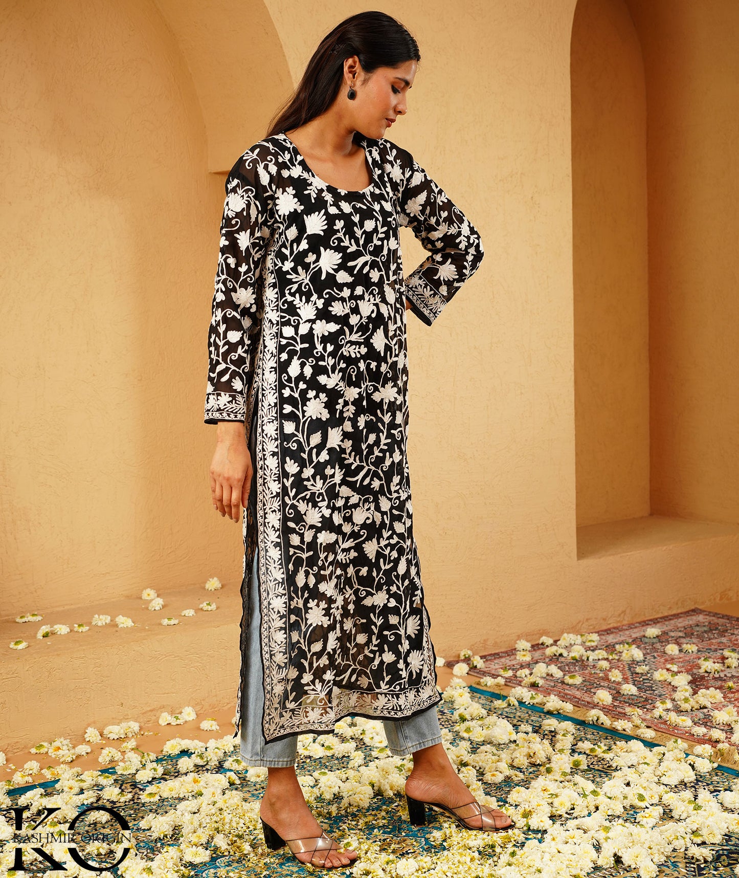 Black Georgette Aari Embroidered Kashmiri Long Dress