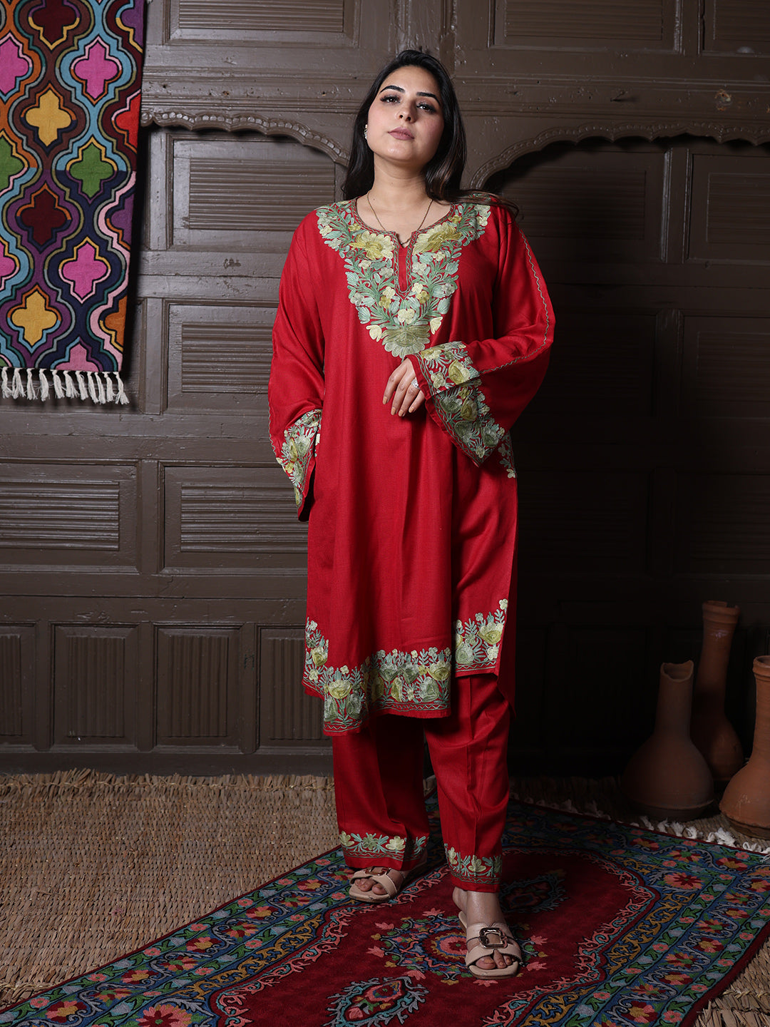women wear cherry red coord set summer