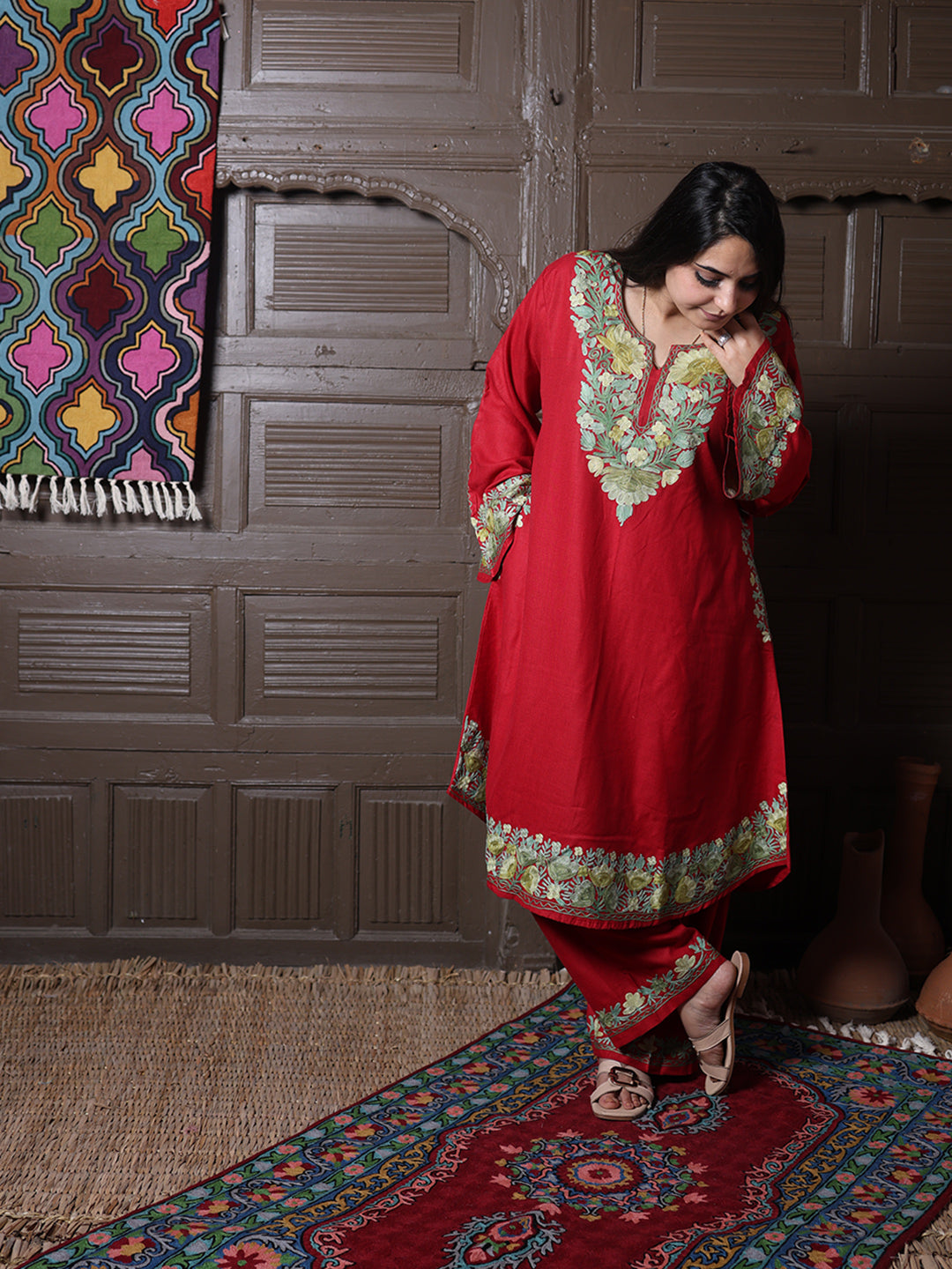 women wear cherry red coord set summer