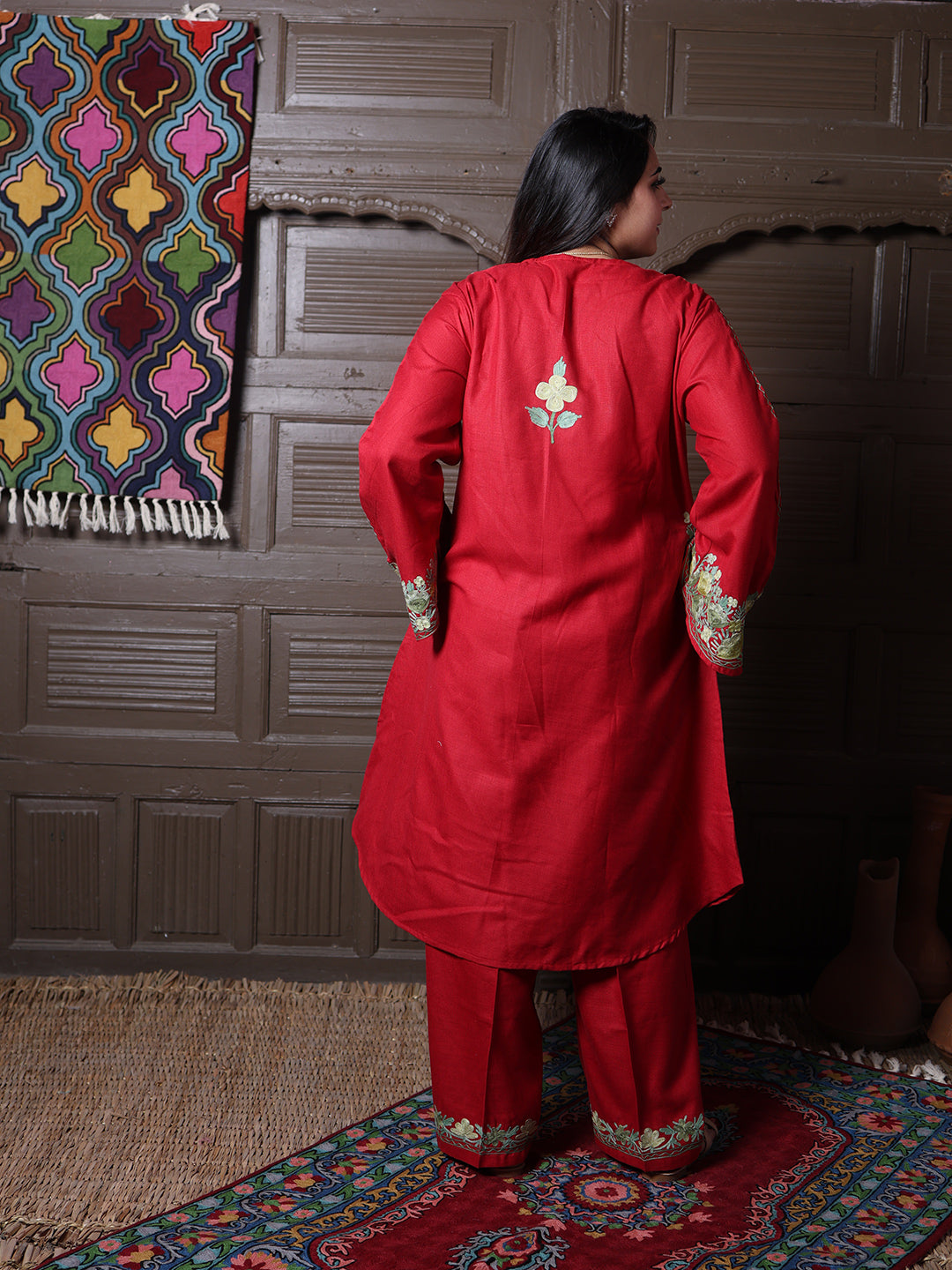 women wear cherry red coord set summer