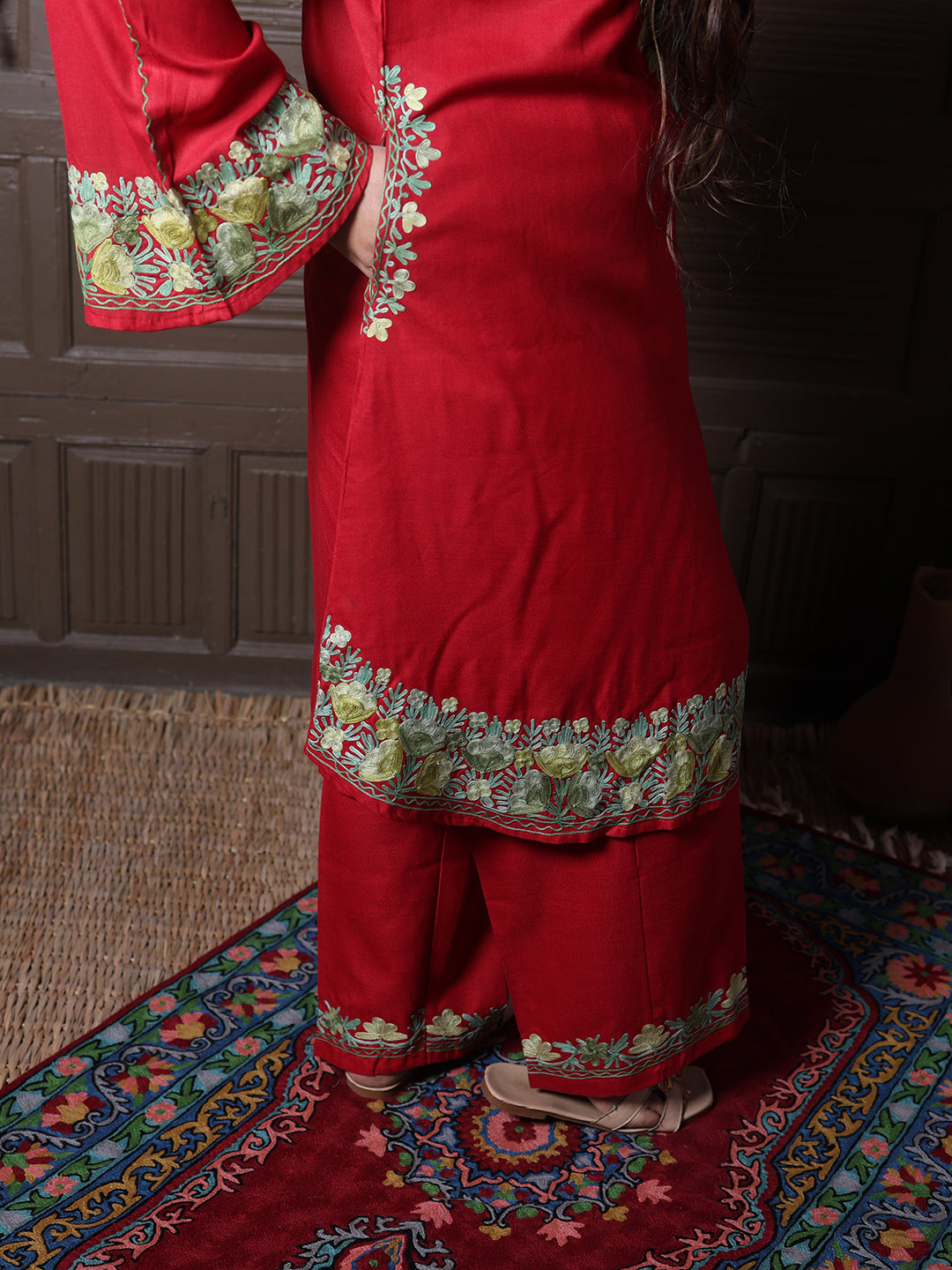 women wear cherry red coord set summer