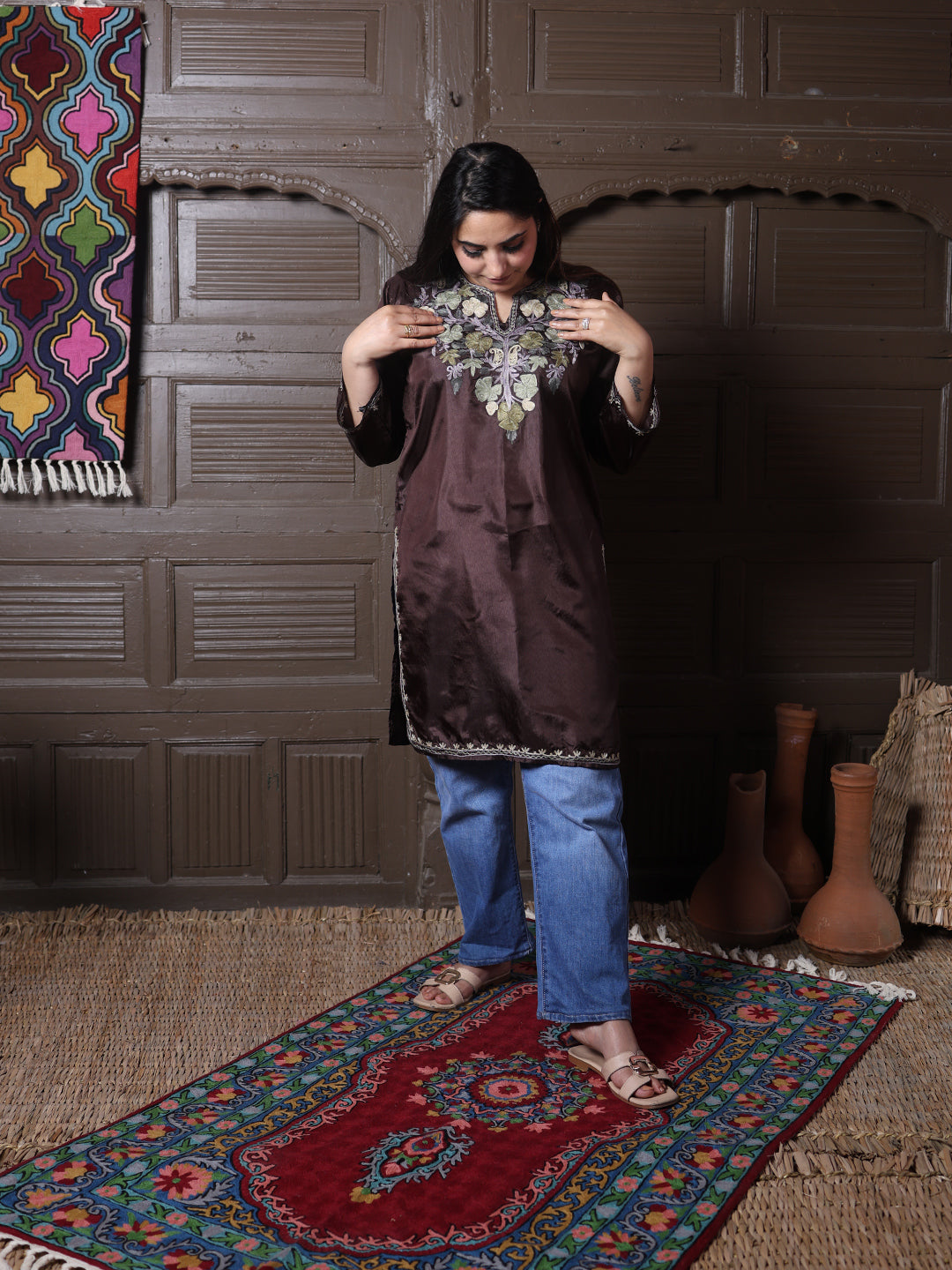 Chocolate Brown Aari Embroidered Kashmiri Silk Top | Summer Kurti
