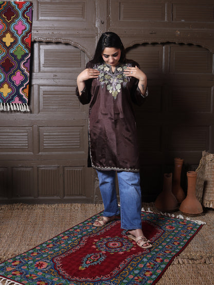 Chocolate Brown Aari Embroidered Kashmiri Silk Top | Summer Kurti