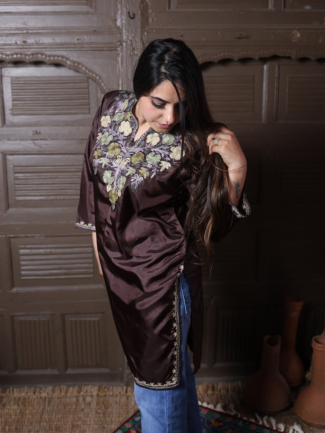 Chocolate Brown Aari Embroidered Kashmiri Silk Top | Summer Kurti