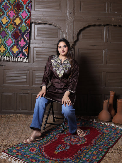 Chocolate Brown Aari Embroidered Kashmiri Silk Top | Summer Kurti