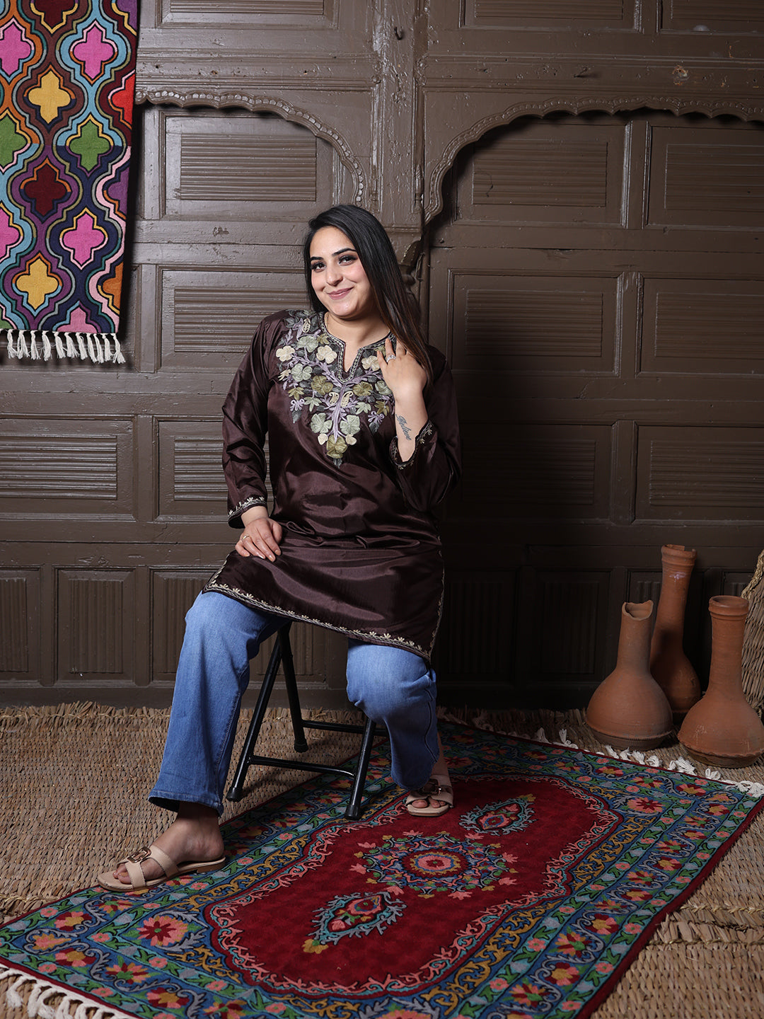 Chocolate Brown Aari Embroidered Kashmiri Silk Top | Summer Kurti