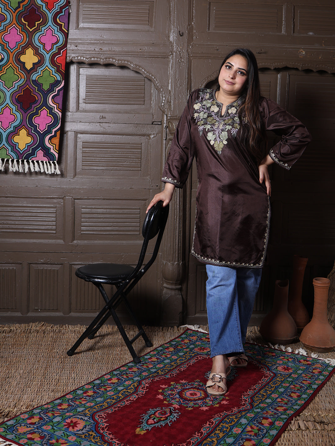 Chocolate Brown Aari Embroidered Kashmiri Silk Top | Summer Kurti