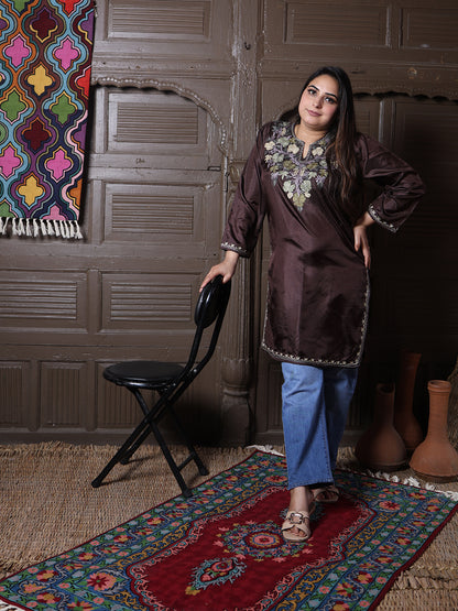 Chocolate Brown Aari Embroidered Kashmiri Silk Top | Summer Kurti