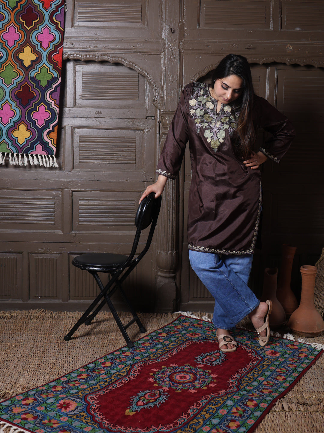 Chocolate Brown Aari Embroidered Kashmiri Silk Top | Summer Kurti