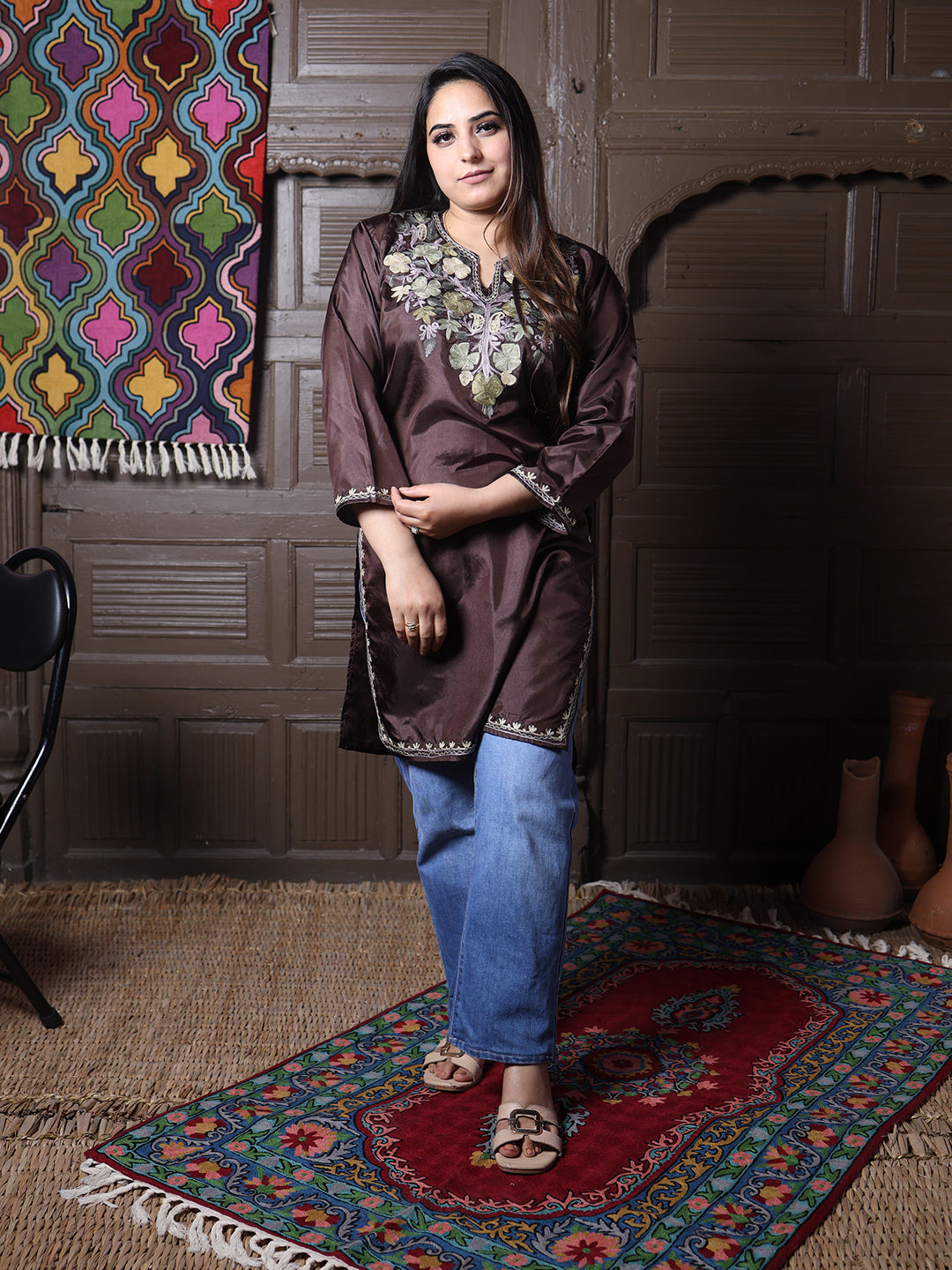 Chocolate Brown Aari Embroidered Kashmiri Silk Top | Summer Kurti