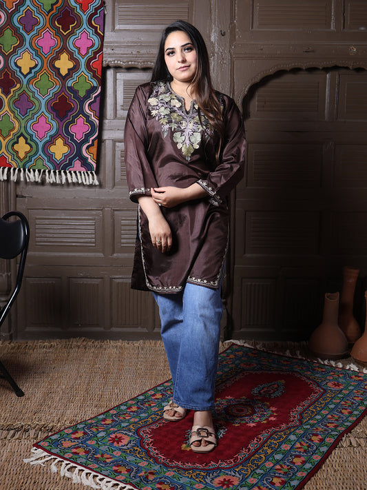 Chocolate Brown Aari Embroidered Kashmiri Silk Top | Summer Kurti