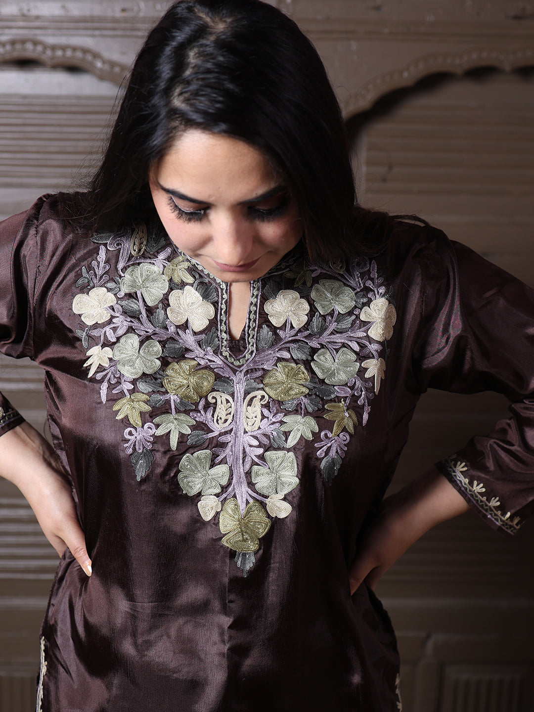 Chocolate Brown Aari Embroidered Kashmiri Silk Top | Summer Kurti