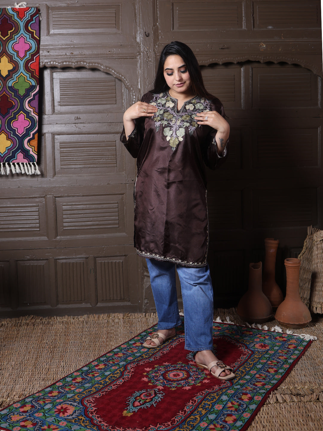 Chocolate Brown Aari Embroidered Kashmiri Silk Top | Summer Kurti