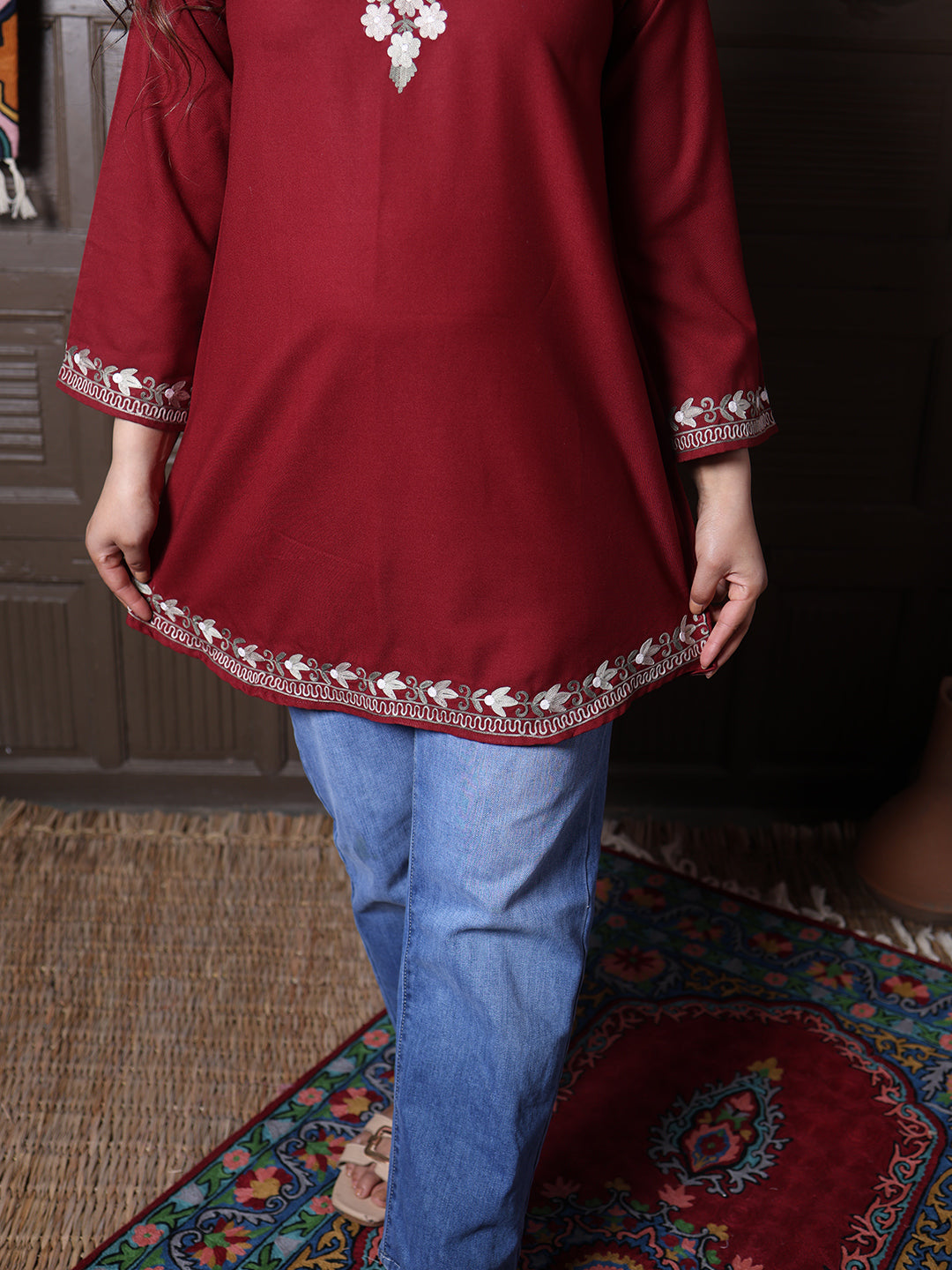 Maroon Aari Embroidered Kashmiri Cotton Short Top