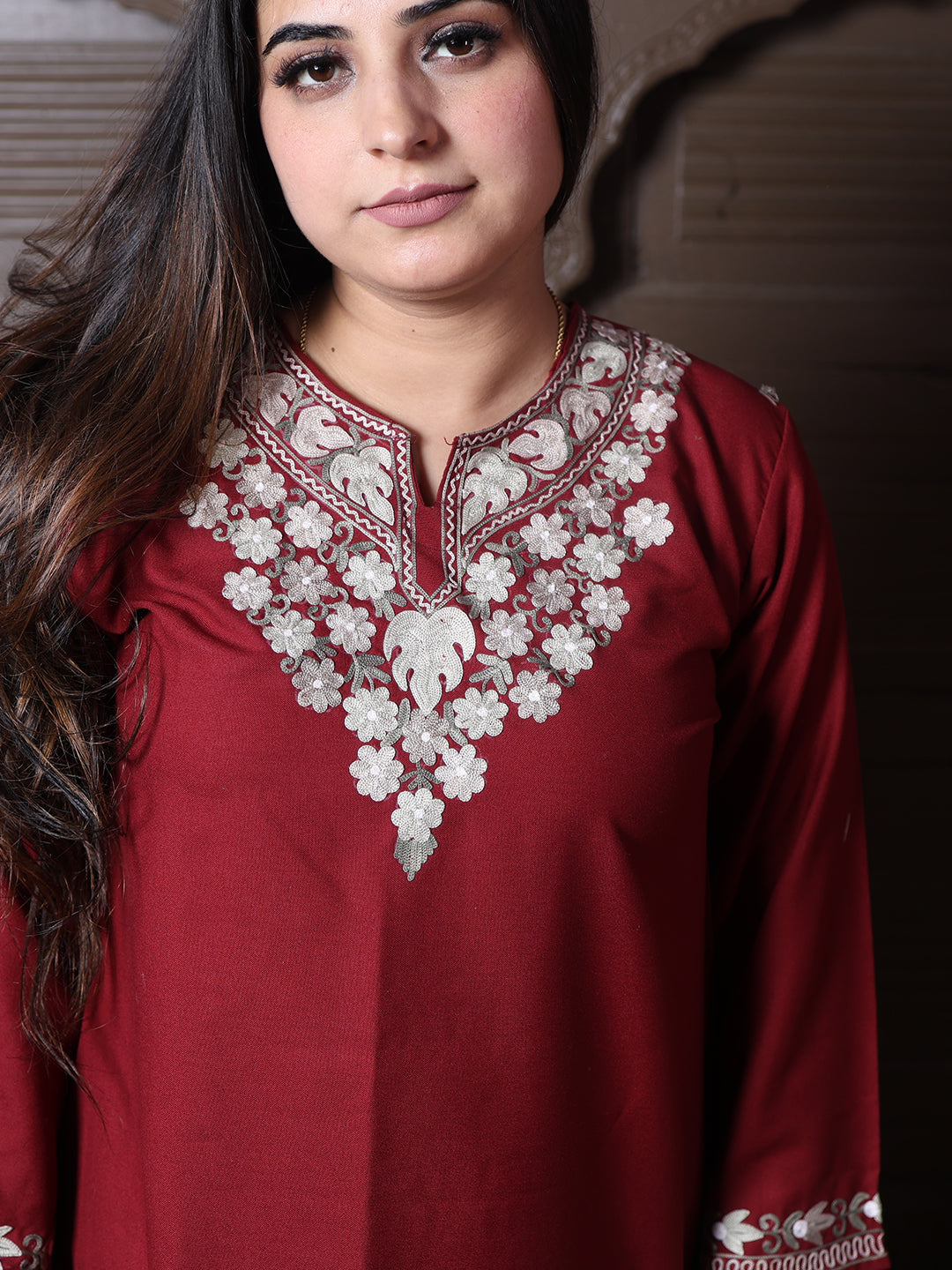 Maroon Aari Embroidered Kashmiri Cotton Short Top