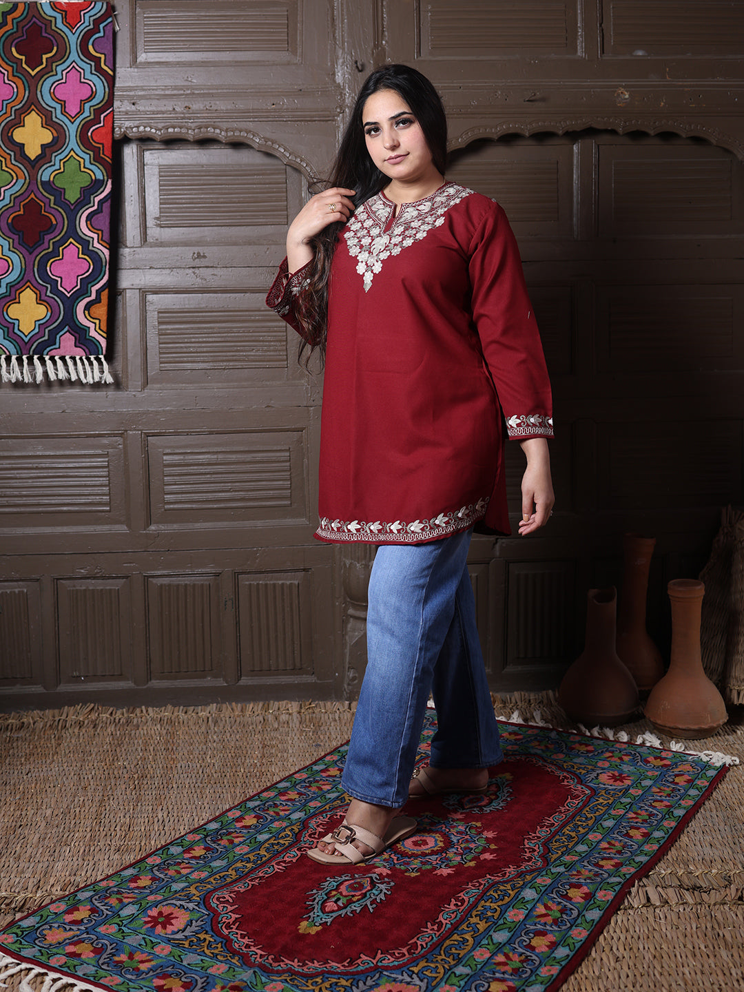 Maroon Aari Embroidered Kashmiri Cotton Short Top
