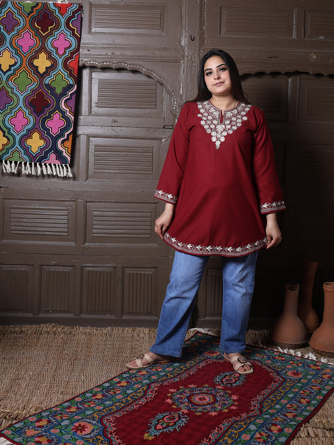 Maroon Aari Embroidered Kashmiri Cotton Short Top