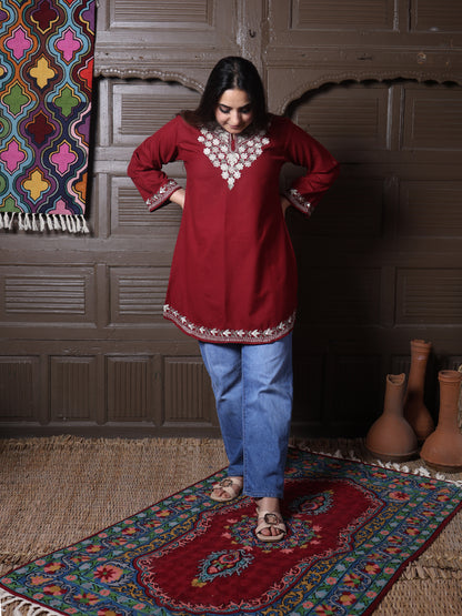 Maroon Aari Embroidered Kashmiri Cotton Short Top