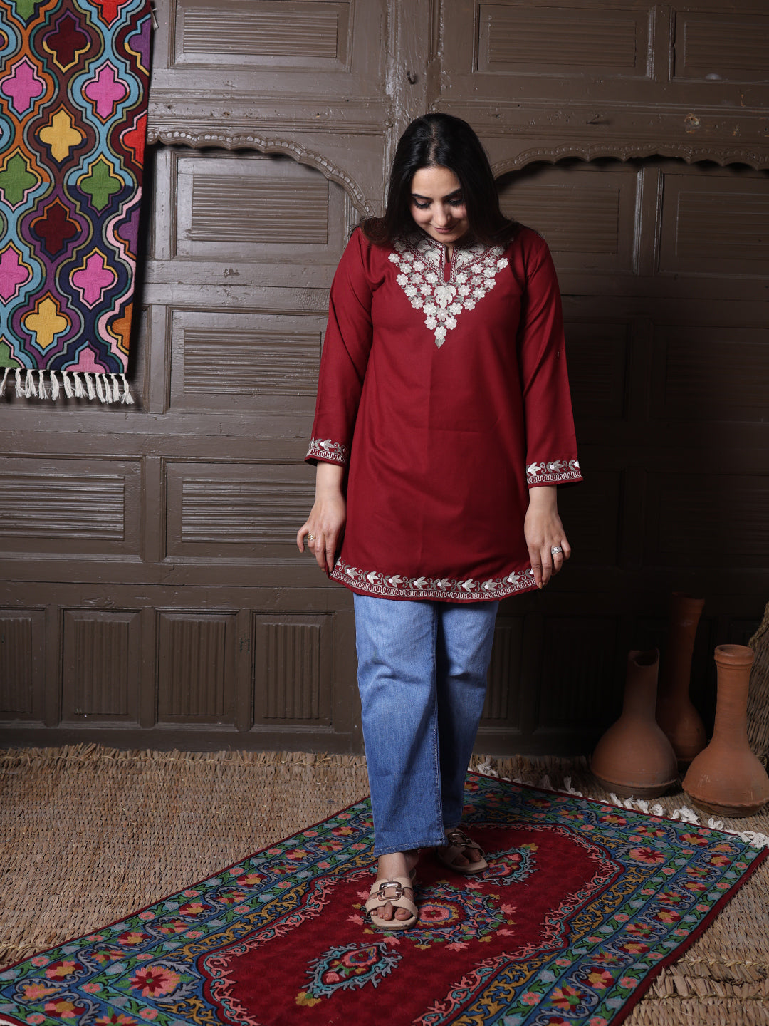 Maroon Aari Embroidered Kashmiri Cotton Short Top