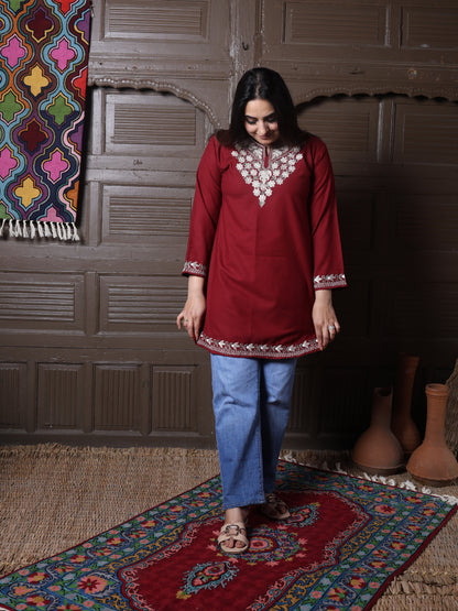 Maroon Aari Embroidered Kashmiri Cotton Short Top