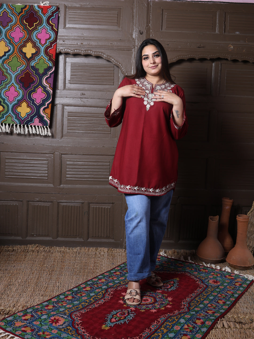 Maroon Aari Embroidered Kashmiri Cotton Short Top