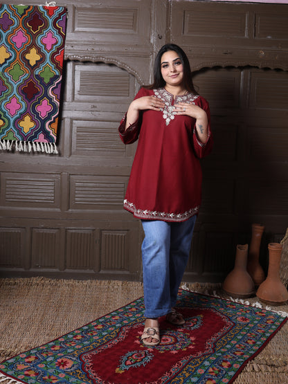Maroon Aari Embroidered Kashmiri Cotton Short Top