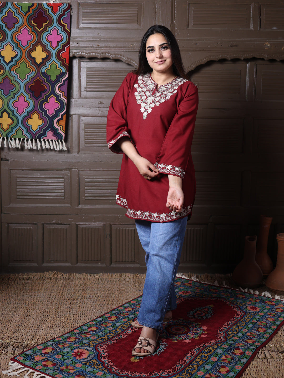 Maroon Aari Embroidered Kashmiri Cotton Short Top