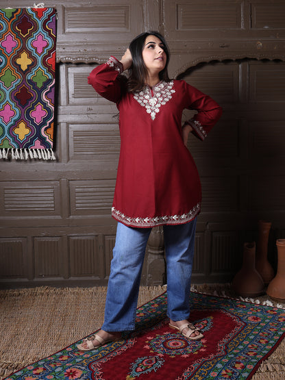 Maroon Aari Embroidered Kashmiri Cotton Short Top