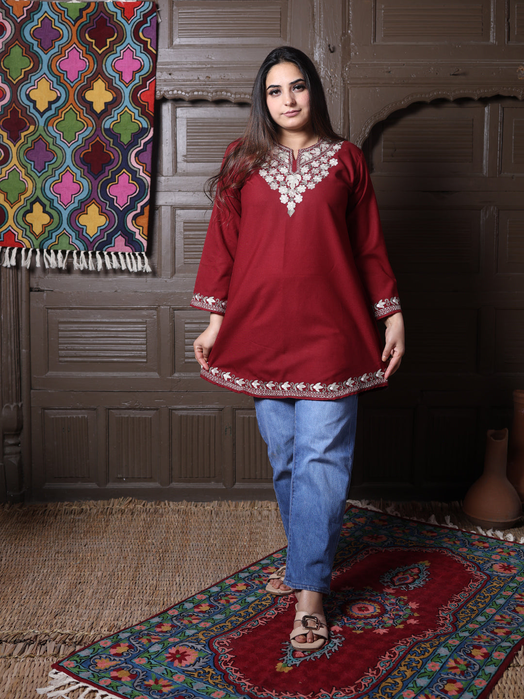 Maroon Aari Embroidered Kashmiri Cotton Short Top