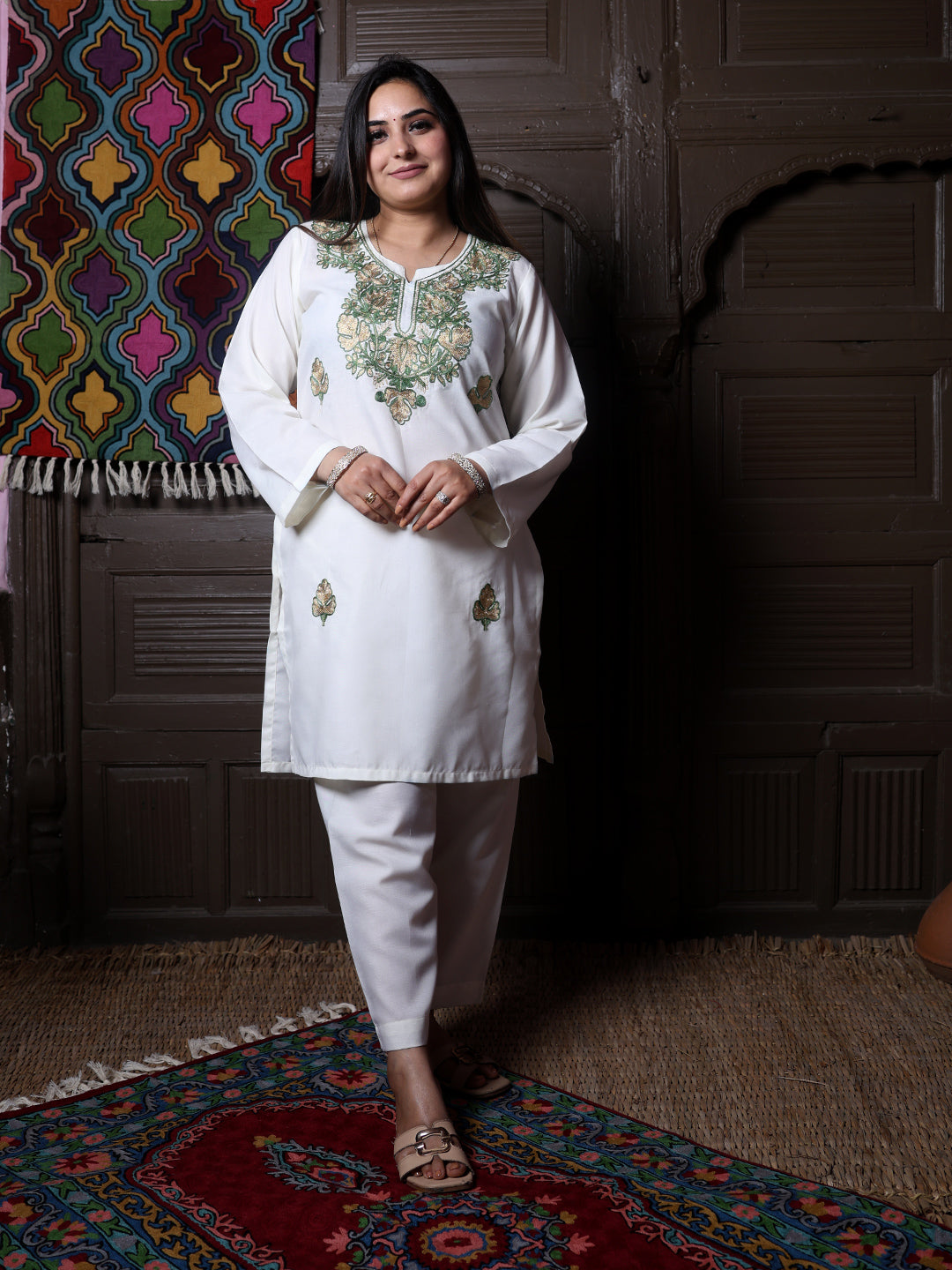 Off-White Zari & Green Aari Embroidered Kashmiri Cotton Co-Ord Set